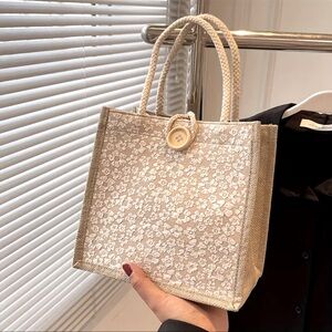 LEELA shabby Chic Burlap Vintage Style Tote Handbag Boho